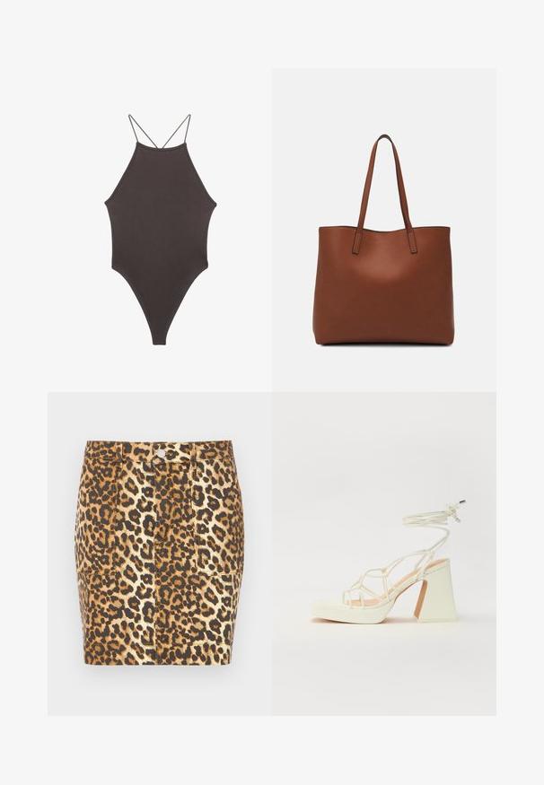Hnědé, jednodílné plavky s vysokým krkem a tenkými, nastavitelnými ramínky; mají vysoký střih nohavic a hladkou texturu. Žádné vzory ani ozdoby.; Džínová mini sukně s leopardím potiskem v hnědých a béžových odstínech, se zapínáním na knoflíky vpředu a dvěma bočními kapsami.; Bílé sandály na vysokém podpatku s robustním podpatkem, s designem s pásky a zavazováním kolem kotníku. Hladký povrch s platformou vpředu pro zvýšení výšky.; Hnědá kožená taška přes rameno s hladkou texturou, otevřeným designem a dvěma ramenními popruhy. Obsahuje minimální švy a žádné viditelné kovové prvky.