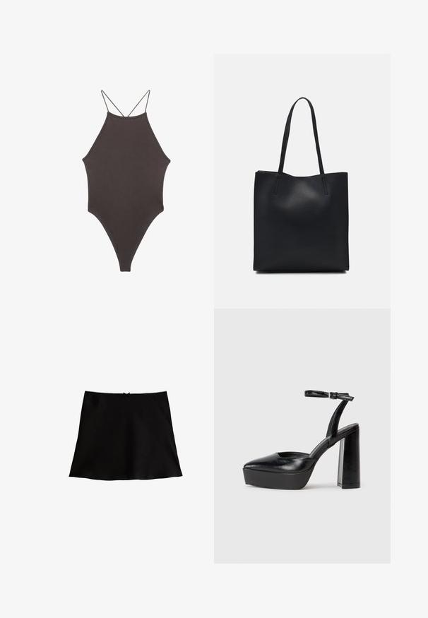 Brun, hög nacke baddräkt med tunna, justerbara remmar; har högskuren ben och slät textur. Inga mönster eller dekorationer.; Svart slipkjol med en slät textur, som har en dekorativ spetskant längs midjan och en liten rosett i mitten.; Svarta plattformsskor med spetsig tå och justerbart vristband. Tillverkade av mjukt läder, med en kraftig blockklack.; Svart lädertoffelväska med slät textur, rektangulär form och två långa handtag. Ingen synlig hårdvara eller dekorationer.