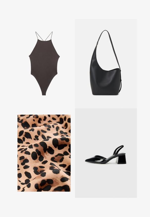 Hnedé, vysoký krk jednodielne plavky s tenkými, nastaviteľnými ramienkami; s vysokým strihom na nohách a hladkým povrchom. Bez vzorov alebo ozdôb.; Látka s leopardím vzorom, ktorá má veľké čierne škvrny na béžovom pozadí, s hladkým saténovým povrchom a prúdiacim vzhľadom.; Čierne lakované kožené sandálové podpätky s špicatou špičkou a geometrickým blokovým podpätkom. Disponujú elegantným, minimalistickým dizajnom a hladkým povrchom.; Čierna kožená hobo taška so hladkou textúrou, zakriveným tvarom a jedným nastaviteľným popruhom; má široké otvorenie na vrchu.
