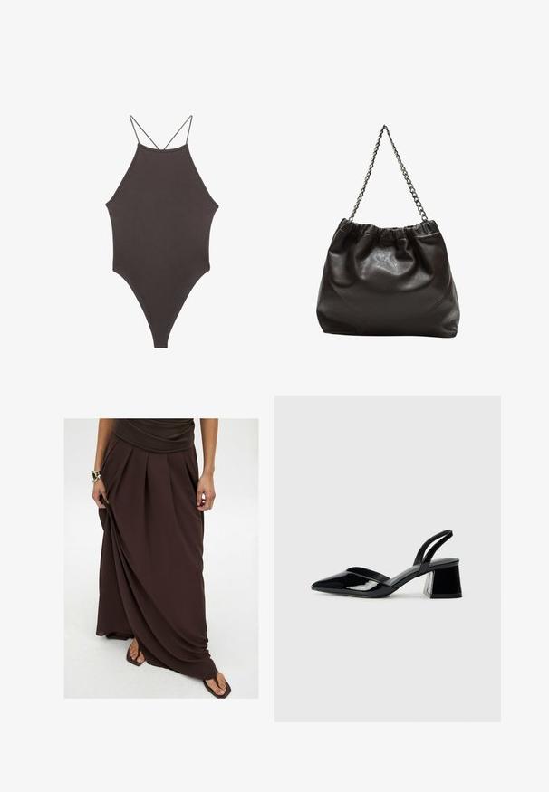 Brun, hög nacke baddräkt med tunna, justerbara remmar; har högskuren ben och slät textur. Inga mönster eller dekorationer.; Brun maxiskirt i lättviktsmaterial med veck, en flödande design och resårmidja för komfort.; Svarta lackläder slingback klackar med spetsig tå och geometrisk klack. Har en elegant, minimalistisk design och slät yta.; Brun läderväska med rynkad topp och kedjesnodd. Slät textur med en blankslipad yta och subtila sömdetaljer på sidorna.