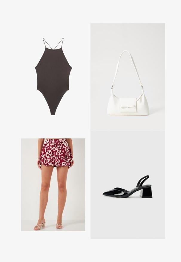 Bruine, hoge hals ééndelige zwempak met dunne, verstelbare schouderbandjes; beschikt over een hoge beenuitsnijding en een gladde textuur. Geen patronen of versieringen.; LELA SLIM FIT - A-lijn rok - red; Zwarte gepatineerde leren slingback hakken met een spitse neus en een geometrische blokhak. Kenmerkt zich door een slank, minimalistisch ontwerp en een gladde textuur.; Witte synthetische handtas met een driehoekige vorm, platte voorklep en strikdetail, verstelbare schouderriem, gladde textuur en minimalistisch ontwerp.