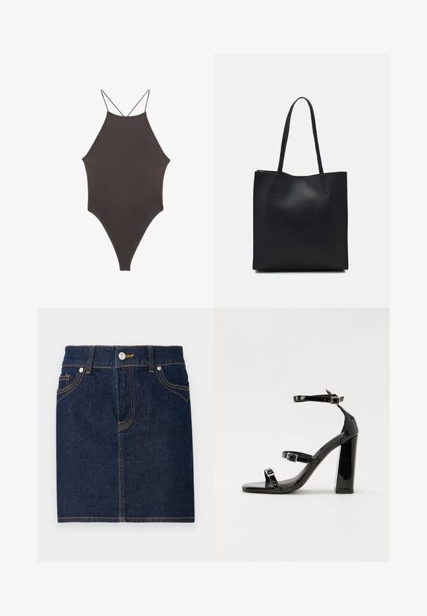 Rjav, enodelni kopalke z visokim ovratnikom in tankimi nastavljivimi naramnicami; ima visok rez na nogah in gladko teksturo. Brez vzorcev ali okrasnih elementov.; Temno modra denim krila z vidnim šivanjem, zasnovo s petimi žepi in sprednjim gumbom za zapiranje. Ravni rez s čistim robom.; Črne lakirane sandale s peto, kvadratnim prstom, trakovi okrog gležnja in srebrnimi zaponkami. Opremljene so s stabilno Debelo peto.; Črna usnjena torba s svilnato teksturo, pravokotne oblike in dvema dolgima ročajema. Brez vidnih metalnih delov ali okrasnih elementov.
