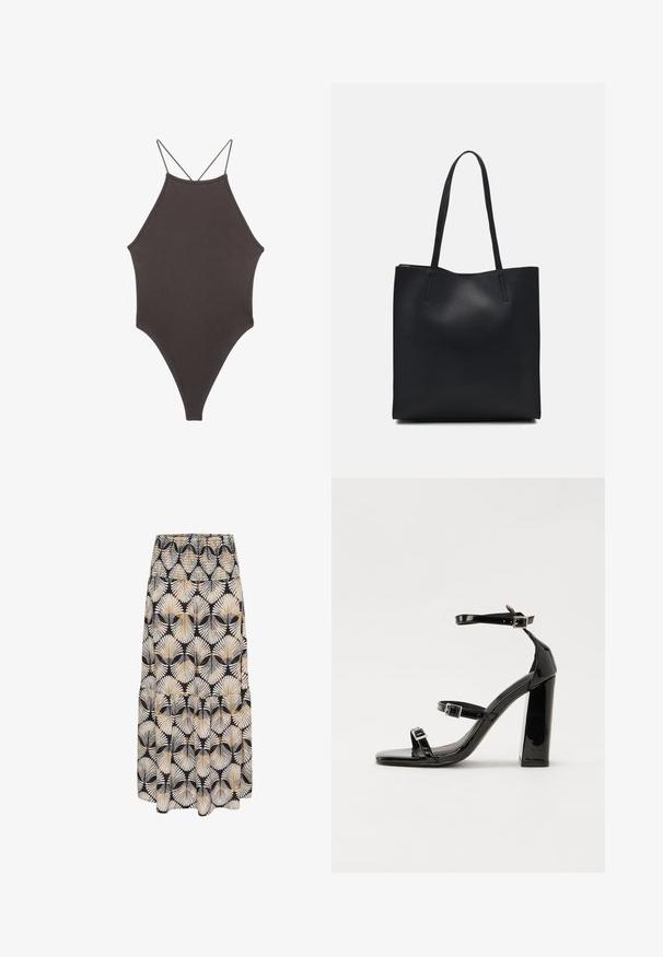 Rjav, enodelni kopalke z visokim ovratnikom in tankimi nastavljivimi naramnicami; ima visok rez na nogah in gladko teksturo. Brez vzorcev ali okrasnih elementov.; Črna krila z vzorcem belih in zlatih listov, nagubanim pasom, tekočim dizajnom in večplastnim robom. Tkanina se zdi lahka in mehka.; Črne lakirane sandale s peto, kvadratnim prstom, trakovi okrog gležnja in srebrnimi zaponkami. Opremljene so s stabilno Debelo peto.; Črna usnjena torba s svilnato teksturo, pravokotne oblike in dvema dolgima ročajema. Brez vidnih metalnih delov ali okrasnih elementov.