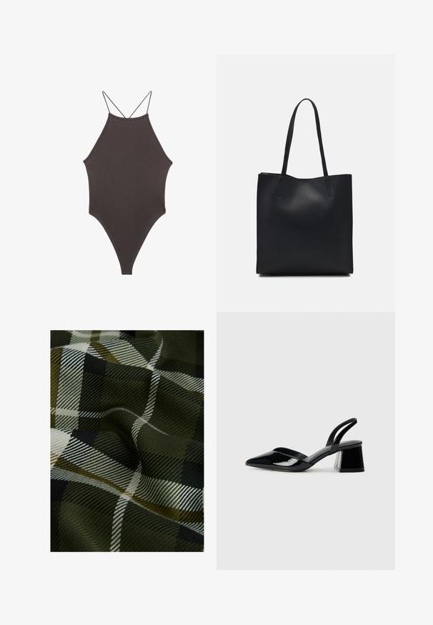Bruine, hoge hals ééndelige zwempak met dunne, verstelbare schouderbandjes; beschikt over een hoge beenuitsnijding en een gladde textuur. Geen patronen of versieringen.; Gevlochten geruite stof in donker groen, zwart en wit. De textuur is glad met een zachte, geprinte afwerking.; Zwarte gepatineerde leren slingback hakken met een spitse neus en een geometrische blokhak. Kenmerkt zich door een slank, minimalistisch ontwerp en een gladde textuur.; Zwarte leren handtas met een gladde textuur, rechthoekige vorm en twee lange handvaten. Geen zichtbare hardware of versieringen.