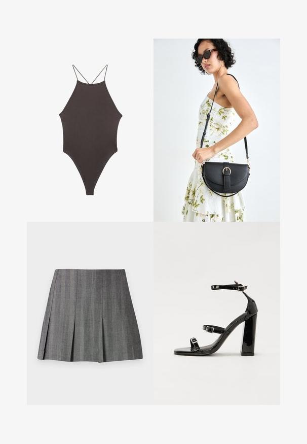 Brun højhalset heldragt badedragt med tynde, justerbare stropper; har højt skåret ben og glat tekstur. Ingen mønstre eller udsmykninger.; Grå plisseret nederdel i et struktureret stof med lodrette striber, der har en tætsiddende talje og A-linje silhuet.; Sorte patenterede hælsandaler med firkantet tå, ankelremme og sølvspænder. Har en chunky blokHæl for stabilitet.; Sort læderhåndtaske med en buet form, aftagelig rem og guldfinish. Tasken har en klap med en spænde detalje.