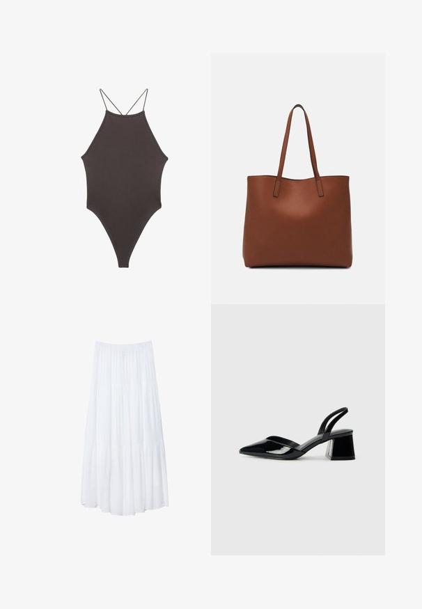 Brown, high-neck one-piece swimsuit with thin, adjustable straps; features a high-cut leg and smooth texture. No patterns or embellishments.; White, tiered maxi skirt made of lightweight fabric. Features an elastic waistband and flowing design with soft, subtle texture.; Black patent leather slingback heels with a pointed toe and a geometric block heel. Features a sleek, minimal design and smooth texture.; Brown leather tote bag with a smooth texture, open top design, and two shoulder straps. Features minimal stitching and no visible hardware.