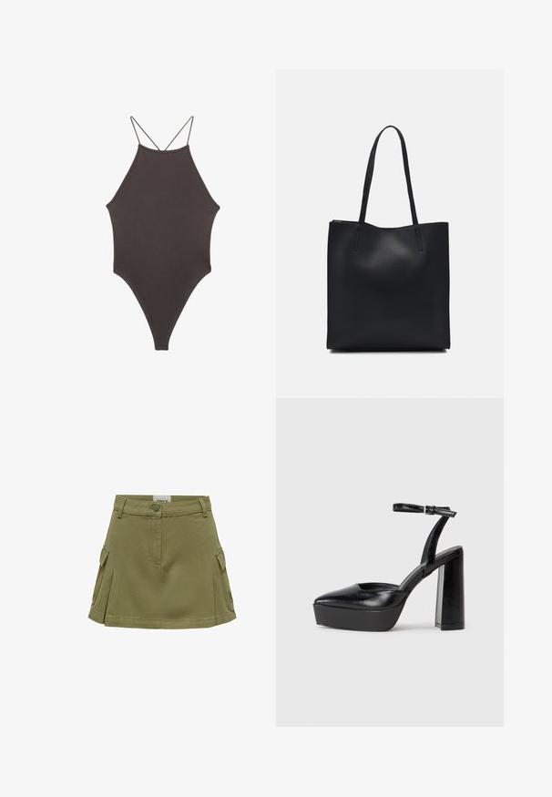 Hnedé, vysoký krk jednodielne plavky s tenkými, nastaviteľnými ramienkami; s vysokým strihom na nohách a hladkým povrchom. Bez vzorov alebo ozdôb.; Olívovo zelená bavlnená sukňa s rozšíreným lemom, s predným zapínaním na gombíky a dvoma bočnými vreckami. Textúrovaný, ležérny dizajn.; Čierne platformové podpätky so špicatou špičkou a nastaviteľným členkovým remienkom. Vyrobené z hladkej kože a so robustným blokovým podpätkom.; Čierna kožená taška na rameno s hladkým povrchom, obdĺžnikovým tvarom a dvoma dlhými uchami. Bez viditeľného kovania alebo ozdôb.