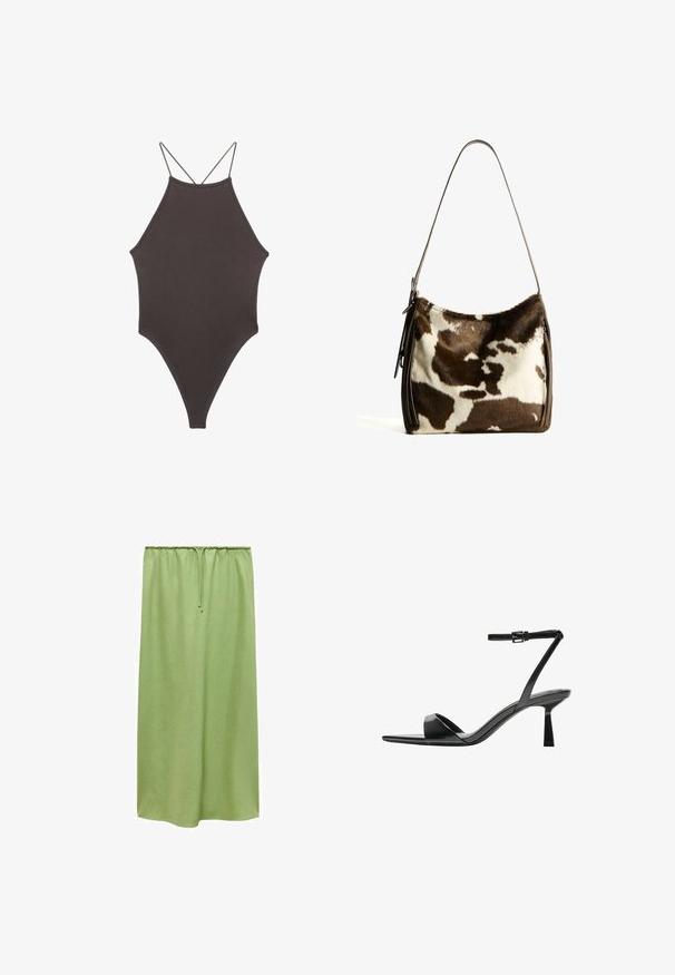 Brauner, hochgeschlossener Badeanzug mit dünnen, verstellbaren Trägern; zeichnet sich durch einen hohen Beinschnitt und eine glatte Textur aus. Keine Muster oder Verzierungen.; Mango Maxirock - light green; Bershka High Heel Sandalette - black; Braune und cremefarbene Kuhhaut-Umhängetasche mit einem glatten Ledertrageriemen, Reißverschluss und einer weichen, strukturierten Oberfläche mit einem natürlichen Muster.
