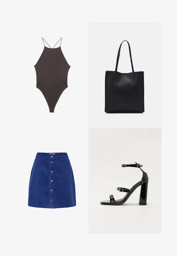 Brauner, hochgeschlossener Badeanzug mit dünnen, verstellbaren Trägern; zeichnet sich durch einen hohen Beinschnitt und eine glatte Textur aus. Keine Muster oder Verzierungen.; Blaues Cordrock mit vertikalen Rillen, geradem Schnitt und einer vorderen Knopfleiste mit metallischen Akzenten.; Schwarze patentierte Sandalen mit Absatz, quadratischer Spitze, Knöchelriemen und silbernen Schnallen. Mit einem stabilen Blockabsatz für mehr Stabilität.; Schwarze Laptoptasche aus Leder mit glatter Textur, rechteckiger Form und zwei langen Griffen. Keine sichtbaren Beschläge oder Verzierungen.