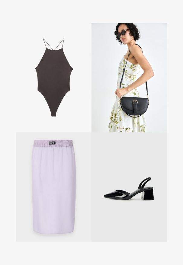 Hnedé, vysoký krk jednodielne plavky s tenkými, nastaviteľnými ramienkami; s vysokým strihom na nohách a hladkým povrchom. Bez vzorov alebo ozdôb.; Fialová sukňa s elastickým pásom, po kolená, hladká textura, bez viditeľných vzorov alebo akcentov. Logo značky na páse.; Čierne lakované kožené sandálové podpätky s špicatou špičkou a geometrickým blokovým podpätkom. Disponujú elegantným, minimalistickým dizajnom a hladkým povrchom.; Čierna kožená kabelka s zaobleným tvarom, odnímateľným popruhom a zlatými doplnkami. Kabelka má klopu s detailom s prackou.