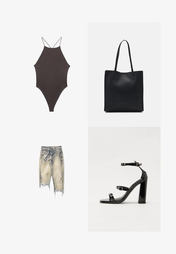 Maillot de bain une pièce marron à col montant avec des bretelles fines et réglables ; présente une jambe haute et une texture lisse. Aucun motif ni embellissement.; Shorts en denim dans un délavé bleu-gris, avec des détails usés, un ourlet effiloché, cinq poches et une taille standard avec passants de ceinture.; Sandales à talons hauts en cuir verni noir avec deux brides à boucles, bout carré et talon bloc épais, présentant une texture lisse et brillante.; Sac fourre-tout en cuir noir avec une texture lisse, de forme rectangulaire et deux longues poignées. Pas de matériel ou d'ornementations visibles.