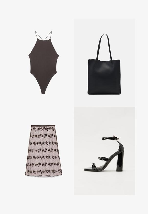 Maillot de bain une pièce marron à col montant avec des bretelles fines et réglables ; présente une jambe haute et une texture lisse. Aucun motif ni embellissement.; Jupe midi en dentelle rose clair avec des motifs floraux brun foncé et bronze, ornée de sequins et dotée d'une taille lisse.; Sandales à talons vernies noires avec un bout carré, des sangles autour de la cheville et des boucles en argent. Dotées d'un talon bloc épais pour plus de stabilité.; Sac fourre-tout en cuir noir avec une texture lisse, de forme rectangulaire et deux longues poignées. Pas de matériel ou d'ornementations visibles.