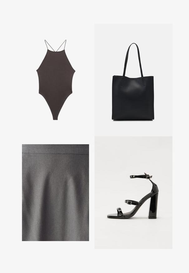 Maillot de bain une pièce marron à col montant avec des bretelles fines et réglables ; présente une jambe haute et une texture lisse. Aucun motif ni embellissement.; Tissu gris avec une texture lisse et uniforme. Un éclat subtil met en valeur les lignes nettes et les plis, indiquant un design structuré. Aucun motif ou impression visible.; Sandales à talons vernies noires avec un bout carré, des sangles autour de la cheville et des boucles en argent. Dotées d'un talon bloc épais pour plus de stabilité.; Sac fourre-tout en cuir noir avec une texture lisse, de forme rectangulaire et deux longues poignées. Pas de matériel ou d'ornementations visibles.