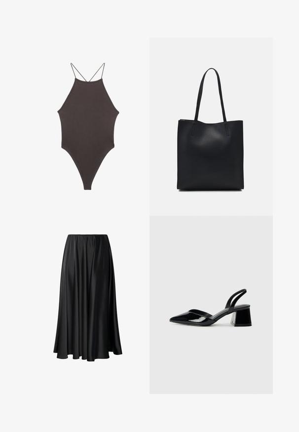 Brązowy jednoczęściowy kostium kąpielowy z wysokim dekoltem i cienkimi, regulowanymi ramiączkami; charakteryzuje się wysokim krojem nogawek i gładką teksturą. Bez wzorów ani ozdób.; Czarna maxi spódnica z gładkiego materiału, z elastycznym paskiem w talii, pełną sylwetką i swobodnym dołem, bez widocznych wzorów czy detali.; Czarne lakierowane półbuty na obcasie z wydłużonym noskiem i geometrycznym słupkiem. Charakteryzują się eleganckim, minimalistycznym designem oraz gładką fakturą.; Czarna skórzana torba tote o gładkiej fakturze, prostokątnym kształcie i dwóch długich uchwytach. Brak widocznych elementów metalowych i ozdób.