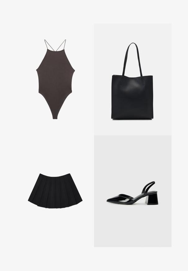 Ruskea, korkeakauluksinen yksiosainen uimapuku, jossa on ohuet, säädettävät hihnat; siinä on korkea lahje ja sileä tekstuuri. Ei kuvioita tai koristeita.; Musta poimutettu hame, jossa on useita pystysuuntaisia laskoksia, sileä pinta ja pyöreä helma, kosteutettu piilotetulla sivuvetoketjulla.; Mustat patentoitu nahkakengät, joissa on säären takaosa ja terävä kärki, sekä geometrinen palikkakorko. Sisältää tyylikkään, minimalistisen muotoilun ja sileän pinnan.; Mustapahkainen kangaskassi, jossa on sileä pinta, suorakaiteen muotoinen ja kaksi pitkää kahvaa. Ei näkyvää metalliosaa tai koristeita.