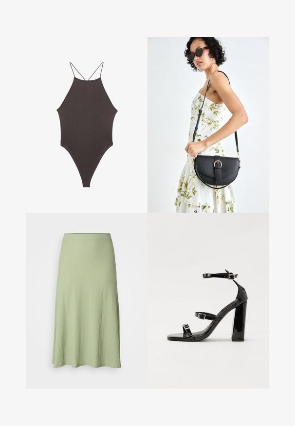 Brauner, hochgeschlossener Badeanzug mit dünnen, verstellbaren Trägern; zeichnet sich durch einen hohen Beinschnitt und eine glatte Textur aus. Keine Muster oder Verzierungen.; Hellgrüner, knielanger Rock aus strukturiertem Stoff mit einem glatten Bund und einer leicht ausgestellt Silhouette. Keine Muster oder Akzente.; Schwarze patentierte Sandalen mit Absatz, quadratischer Spitze, Knöchelriemen und silbernen Schnallen. Mit einem stabilen Blockabsatz für mehr Stabilität.; Schwarze Lederhandtasche mit geschwungener Form, abnehmbarem Tragegurt und goldenen Beschlägen. Die Tasche verfügt über einen Deckel mit einer Schnallen-Details.