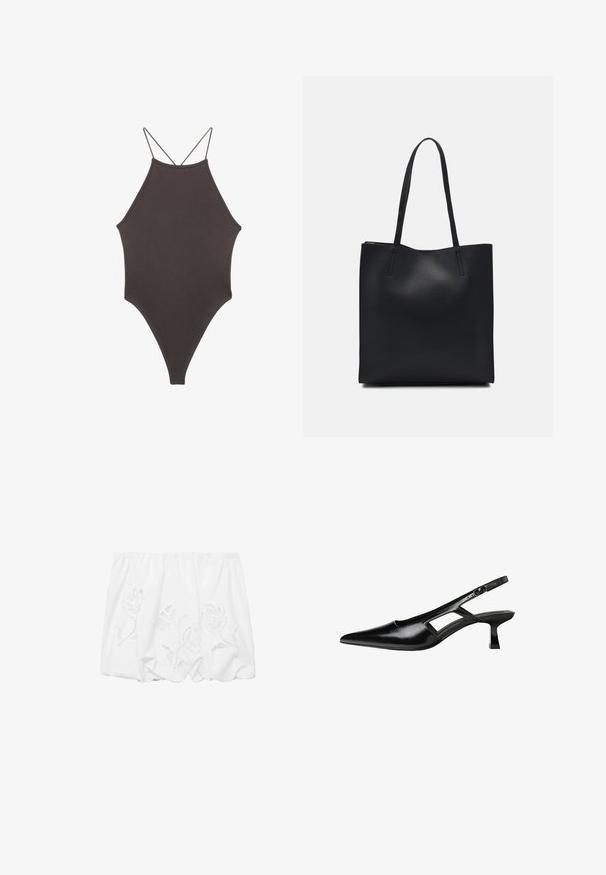 Smeđi jednodijelni kupaći kostim s visokim ovratnikom i tankim, prilagodljivim trakama; ima visoko izrezane nogavice i glatku teksturu. Bez uzoraka ili dekoracija.; Bijela bluzica s otpuštenim ramenima od laganog materijala, s cvjetnim izvezenim detaljima i nabranim dizajnom uz elastični vratni dio.; Crne lakirane natikače na remenčić sa špicastim nosom, dizajnom sa izrezima sa strane i malim kvadratnim potplatom. Glatka tekstura s minimalnim akcentima.; Crna kožna torba za nošenje s glatkom teksturom, pravokutnim oblikom i dvije duge ručke. Nema vidljivih metalnih dijelova ili ukrasa.