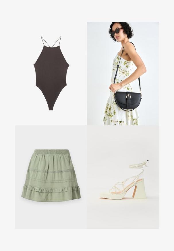 Rjav, enodelni kopalke z visokim ovratnikom in tankimi nastavljivimi naramnicami; ima visok rez na nogah in gladko teksturo. Brez vzorcev ali okrasnih elementov.; Zelena bombažna krila z nabranim pasom, večplastnimi volančki in čipkastim obrobjem, ki krasi srednji del.; Bela sandala na visokih petah s debelim petam, ki ima obliko trakcev in vezanje okoli gležnja. Gladka tekstura z platformo spredaj za dodatno višino.; Črna usnjena torbica s ukrivljeno obliko, z odstranljivo naramnico in zlatimi dodatki. Torbica ima pokrov s podrobnostmi v obliki zaponke.