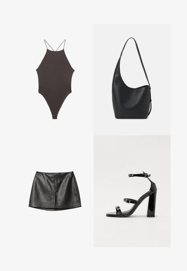 Bruine, hoge hals ééndelige zwempak met dunne, verstelbare schouderbandjes; beschikt over een hoge beenuitsnijding en een gladde textuur. Geen patronen of versieringen.; Zwarte neplederen rok met een gladde textuur, featuring een rechte snit en subtiele glans, ontworpen met minimale stikseldetails.; Zwarte gepatenteerde sandalen met hak en een vierkante neus, enkelbandjes en zilveren gespen. Heeft een stevige blokhak voor stabiliteit.; Zwarte leren hobo tas met een gladde textuur, kromme vorm en een enkele verstelbare schouderband; heeft een brede opening aan de bovenkant.