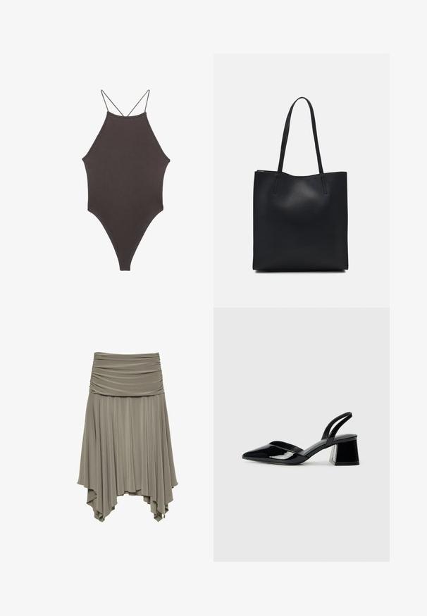 Smeđi jednodijelni kupaći kostim s visokim ovratnikom i tankim, prilagodljivim trakama; ima visoko izrezane nogavice i glatku teksturu. Bez uzoraka ili dekoracija.; Nabrani, asimetrična suknja od mekog sivog materijala. Ima prikupljenu struk i lepršavi, drapirani rub s jedinstvenim oblikom.; Crne lakirane kožne sandale s otvorenom petom i špicastim vrhom, s geometrijskom blok petom. Imaju elegantan, minimalistički dizajn i glatku teksturu.; Crna kožna torba za nošenje s glatkom teksturom, pravokutnim oblikom i dvije duge ručke. Nema vidljivih metalnih dijelova ili ukrasa.