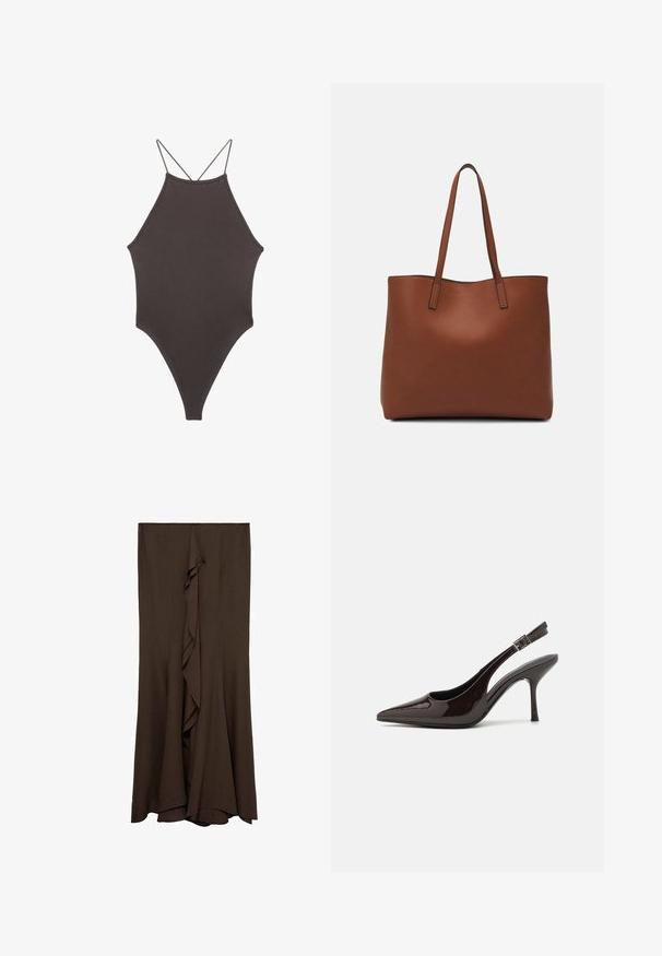 Costume da bagno intero marrone con collo alto e spalline sottili e regolabili; presenta una gamba alta e una texture liscia. Nessun motivo o decorazione.; Gonna lunga marrone realizzata in tessuto morbido con dettaglio centrale a volants, caratterizzata da un design pulito e semplice e da una superficie liscia.; Scarpa con tacco alto tipo slingback in pelle verniciata marrone scuro lucido, punta affusolata, lati aperti e cinturino alla caviglia regolabile.; Borsa tote in pelle marrone con texture liscia, design con apertura superiore e due spallacci. Presenta cuciture minime e nessun hardware visibile.