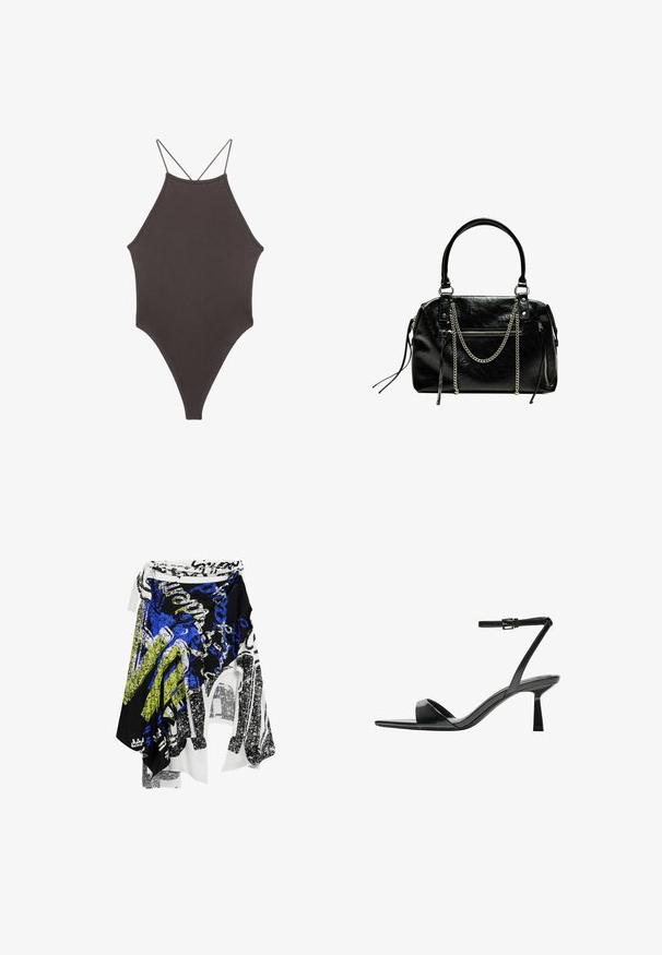 Brun højhalset heldragt badedragt med tynde, justerbare stropper; har højt skåret ben og glat tekstur. Ingen mønstre eller udsmykninger.; Desigual ASYMMETRIC - Maxinederdele - black; Bershka Højhælede sandaletter / Højhælede sandaler - black; Bershka WITH CHAIN - Håndtasker - black