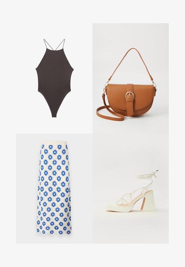 Brauner, hochgeschlossener Badeanzug mit dünnen, verstellbaren Trägern; zeichnet sich durch einen hohen Beinschnitt und eine glatte Textur aus. Keine Muster oder Verzierungen.; Maxi-Rock aus Spitze in Weiß mit blauen Blumenmustern. Der gewellte Saum und das strukturierte Design verleihen dem Stoff Details.; Weiße High-Heel-Sandale mit einem klobigen Absatz, die über ein Riemchendesign und ein Knöchelband verfügt. Glatte Textur mit einer Plattform vorne für zusätzliche Höhe.; Braune Leder-Crossbody-Tasche mit geschwungener Form, goldfarbenen Beschlägen und einer Schnallenakzentuierung. Verfügt über einen abnehmbaren Schultergurt.