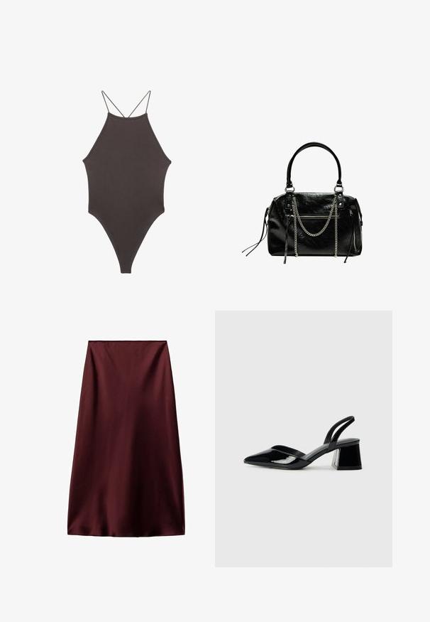 Hnedé, vysoký krk jednodielne plavky s tenkými, nastaviteľnými ramienkami; s vysokým strihom na nohách a hladkým povrchom. Bez vzorov alebo ozdôb.; Burgundská saténová sukňa s hladkou textúrou, dizajnom po kolená a rovnou siluetou, s jednoduchým, nezdobeným lemom.; Čierne lakované kožené sandálové podpätky s špicatou špičkou a geometrickým blokovým podpätkom. Disponujú elegantným, minimalistickým dizajnom a hladkým povrchom.; Bershka WITH CHAIN - Kabelka - black