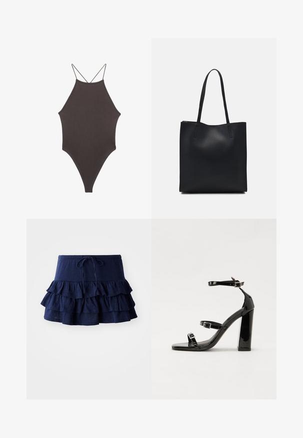 Rjav, enodelni kopalke z visokim ovratnikom in tankimi nastavljivimi naramnicami; ima visok rez na nogah in gladko teksturo. Brez vzorcev ali okrasnih elementov.; Mornarsko modra mini krila s volančki in vrvico za prilagajanje pasu. Ima tri plasti zložkov, narejena iz mehke, lahke tkanine.; Črne lakaste sandale z visokimi petami, z dvema trakovoma z zaponkama, kvadratnim sprednjim delom in masivno širšo peto, z gladko, sijočo teksturo.; Črna usnjena torba s svilnato teksturo, pravokotne oblike in dvema dolgima ročajema. Brez vidnih metalnih delov ali okrasnih elementov.