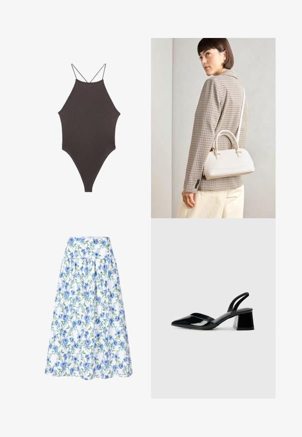 Maillot de bain une pièce marron à col montant avec des bretelles fines et réglables ; présente une jambe haute et une texture lisse. Aucun motif ni embellissement.; Jupe fleurie avec un fond blanc, des fleurs bleues et des feuilles vertes, taille structurée et design froncé pour plus de volume.; Escarpins en cuir verni noir avec bout pointu et talon bloc géométrique. Présente un design élégant et minimaliste ainsi qu'une texture lisse.; Sac à main structuré blanc avec de courtes poignées et une bandoulière, doté de accents en métal doré et d'un matériau texturé, présenté sur un fond gris.