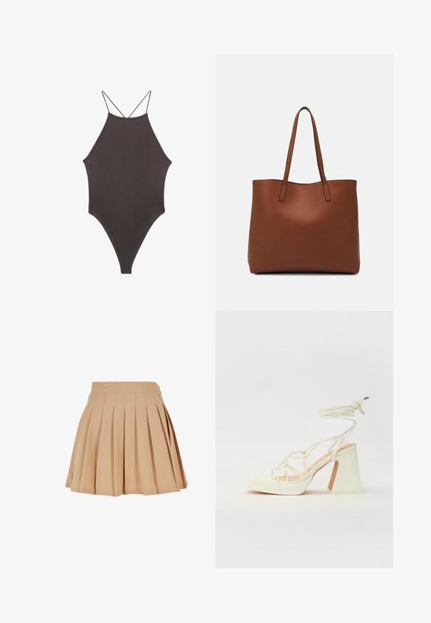 Hnedé, vysoký krk jednodielne plavky s tenkými, nastaviteľnými ramienkami; s vysokým strihom na nohách a hladkým povrchom. Bez vzorov alebo ozdôb.; Béžová plisovaná mini sukňa s vysokým pásom a jemným vyšitým logom na pravej strane pásu.; Biele sandále na vysokom opätku s hrubým podpätkom, s pruhovaným dizajnom a viazaním na členku. Hladký povrch s platformou vpredu pre zvýšenú výšku.; Hnedá kožená taška na rameno s hladkou textúrou, otvoreným vrchom a dvoma ramenými popruhmi. Má minimálne šitia a žiadne viditeľné kovania.