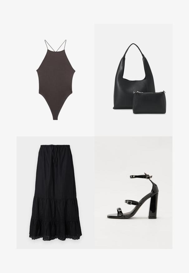 Hnedé, vysoký krk jednodielne plavky s tenkými, nastaviteľnými ramienkami; s vysokým strihom na nohách a hladkým povrchom. Bez vzorov alebo ozdôb.; Čierna sukňa s viacerými vrstvami, vyrobená z ľahkej tkaniny, s elastickým pásom na šnúrku, vyšívanými detailmi na leme a voľným strihom.; Čierne lakované sandále na podpätku so štvorcovou špičkou, navlečenými remienkami okolo členku a striebornými prackami. Disponujú masívnym blokovým podpätkom pre stabilitu.; Even&Odd Kabelka - black