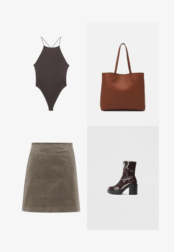 Smeđi jednodijelni kupaći kostim s visokim ovratnikom i tankim, prilagodljivim trakama; ima visoko izrezane nogavice i glatku teksturu. Bez uzoraka ili dekoracija.; Khaki kordura mini suknja ravnog kroja, glatke teksture i jednostavnog pojasom, sa vertikalnim rebrastim linijama po cijeloj površini.; Sjajna burgundska čizma do gležnja s debelim crnim potplatom, koja se odlikuje glatkom teksturom i jednostavnim dizajnom. Nema vidljivih kopčanja ili uzoraka.; Smeđa kožna torba preko ramena s glatkom teksturom, otvorenim vrhom i dvjema naramenicama. Ima minimalne šavove i nema vidljivog hardvera.