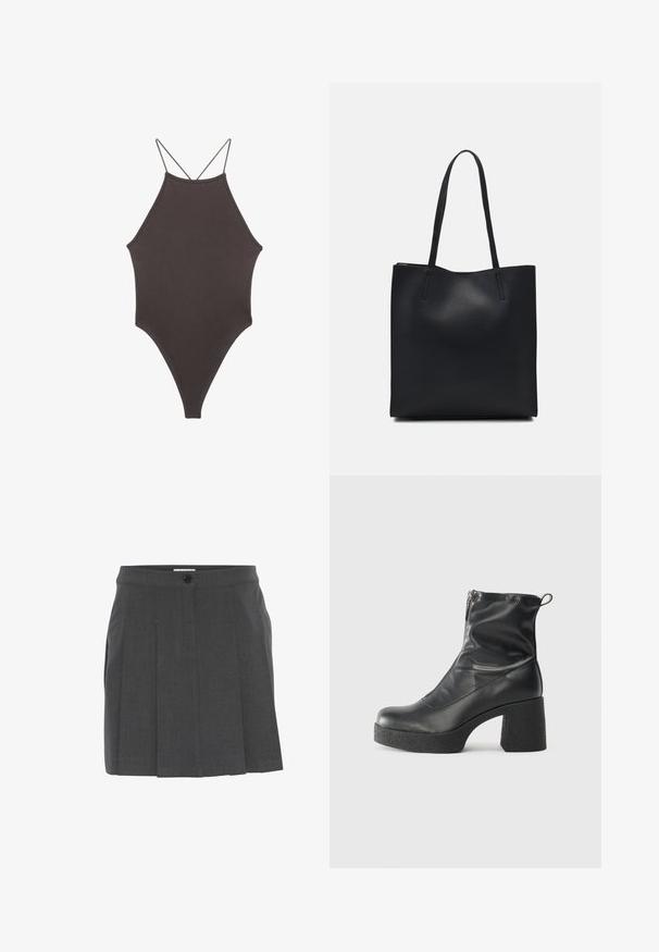 Brun højhalset heldragt badedragt med tynde, justerbare stropper; har højt skåret ben og glat tekstur. Ingen mønstre eller udsmykninger.; Grå plisseret nederdel med en taljeelastik, med en frontknaplukning. Fremstillet af tekstureret stof, designet til en skræddersyet pasform.; Sorte ankelstøvler lavet af glat læder, med en sidelukning, kraftig struktureret hæl og rundt tådesign.; Sort læder tote taske med glat tekstur, rektangulær form og to lange hanke. Ingen synlig hardware eller udsmykninger.