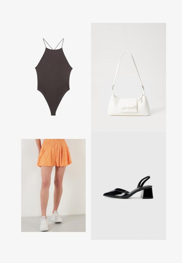 Brauner, hochgeschlossener Badeanzug mit dünnen, verstellbaren Trägern; zeichnet sich durch einen hohen Beinschnitt und eine glatte Textur aus. Keine Muster oder Verzierungen.; Oranger Blumenskirt mit gerafftem Taillenbund, plissierter Gestaltung, knielang, kombiniert mit weißen Sneakers. Eleganter Textilstoff und verspieltes Muster.; Schwarze Lackleder-Slingback-High Heels mit spitzem Schuh und einem geometrischen Blockabsatz. Verfügt über ein schlankes, minimalistisches Design und eine glatte Textur.; Weiße synthetische Handtasche in dreieckiger Form, flache Vorderklappe und Schleifendetail, verstellbarer Trageriemen, glatte Textur und minimalistisches Design.