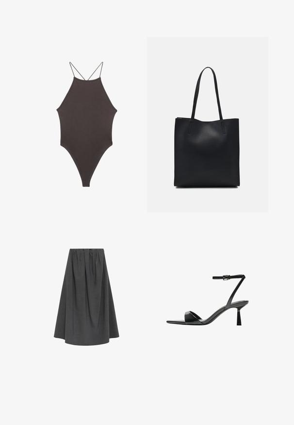 Brown, high-neck one-piece swimsuit with thin, adjustable straps; features a high-cut leg and smooth texture. No patterns or embellishments.; Grey, knee-length skirt made from a textured fabric; features an elastic waistband and pleated design for volume and shape.; Bershka High heeled sandals - black; Black leather tote bag with smooth texture, rectangular shape, and two long handles. No visible hardware or embellishments.