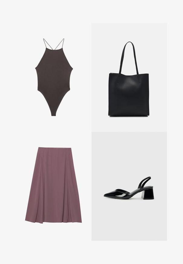 Brun højhalset heldragt badedragt med tynde, justerbare stropper; har højt skåret ben og glat tekstur. Ingen mønstre eller udsmykninger.; En knælang nederdel i en dæmpet mauve farve, lavet af letvægtsstof med plisseret design og en glat tekstur. Ingen synlige lukninger.; Sorte patentlæder slingback hæle med spids tå og en geometrisk blok hæl. Har et elegant, minimalistisk design og en glat tekstur.; Sort læder tote taske med glat tekstur, rektangulær form og to lange hanke. Ingen synlig hardware eller udsmykninger.