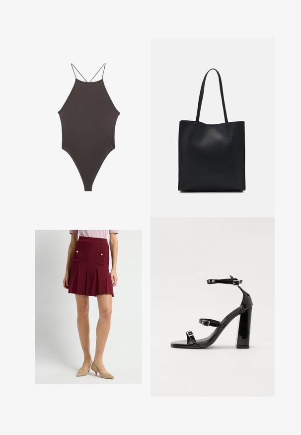 Brun højhalset heldragt badedragt med tynde, justerbare stropper; har højt skåret ben og glat tekstur. Ingen mønstre eller udsmykninger.; Rød, plisseret miniskirt med høj talje, der har to frontlommer prydet med guldknapper. Sammen med beige, spidse hæle.; Sorte patenterede hælsandaler med firkantet tå, ankelremme og sølvspænder. Har en chunky blokHæl for stabilitet.; Sort læder tote taske med glat tekstur, rektangulær form og to lange hanke. Ingen synlig hardware eller udsmykninger.