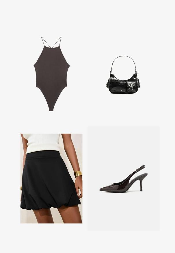 Hnedé, vysoký krk jednodielne plavky s tenkými, nastaviteľnými ramienkami; s vysokým strihom na nohách a hladkým povrchom. Bez vzorov alebo ozdôb.; Čierna áčková sukňa so zberaným lemom, vyrobená zo hladkej tkaniny. Nosená s krémovým topom a zlatým náramkom na zápästí.; Slingback vysoké opätky v lesklej tmavohnedej lakovej koži, so špicatou špičkou, otvorenými stranami a nastaviteľným remienkom na členku.; Čierna laková kožená kabelka s ohnutým tvarom, jedným ramenným popruhom, prednými vreckami a striebornými kovovými doplnkami.