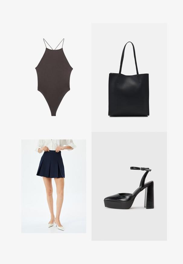 Brun højhalset heldragt badedragt med tynde, justerbare stropper; har højt skåret ben og glat tekstur. Ingen mønstre eller udsmykninger.; Mørkeblå plisseret nederdel med høj talje og glat tekstur, har skarpe knivplisseringer og minimalistisk design. Bæres med hvide hæle.; Sorte platformhæle med spidse tæer og justerbar ankelrem. Construeret i glat læder, med en kraftig blokhæl.; Sort læder tote taske med glat tekstur, rektangulær form og to lange hanke. Ingen synlig hardware eller udsmykninger.