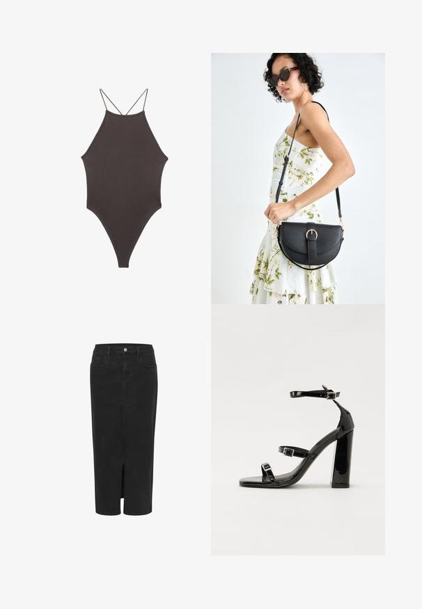 Maillot de bain une pièce marron à col montant avec des bretelles fines et réglables ; présente une jambe haute et une texture lisse. Aucun motif ni embellissement.; Jupe midi en denim noir avec fente frontale, coupe droite, cinq poches, fermeture à bouton et passants de ceinture. Texture douce et design classique.; Sandales à talons hauts en cuir verni noir avec deux brides à boucles, bout carré et talon bloc épais, présentant une texture lisse et brillante.; Sac à main en cuir noir avec une forme courbée, bandoulière amovible et des accessoires en or. Le sac est doté d'un rabat avec un détail de boucle.