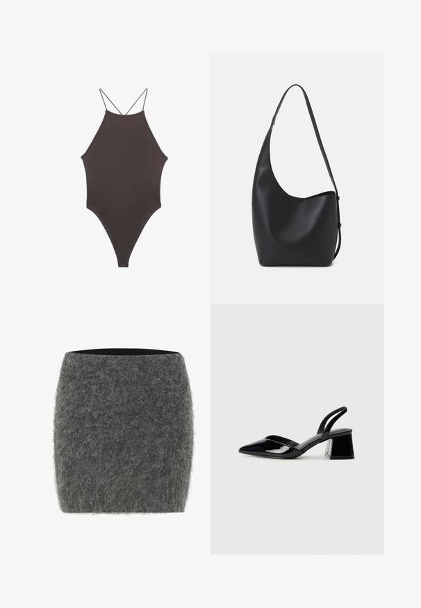 Brun, hög nacke baddräkt med tunna, justerbara remmar; har högskuren ben och slät textur. Inga mönster eller dekorationer.; Grå filt kjol med en mjuk, texturerad yta. Rakt snitt, medelhögt midjeband och utan synlig hårdvara eller mönster.; Svarta lackläder slingback klackar med spetsig tå och geometrisk klack. Har en elegant, minimalistisk design och slät yta.; Svart läder hobo-väska med en slät textur, kurvig form och en justerbar axelrem; har en bred öppning upptill.