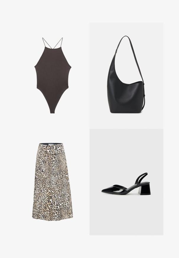 Costume da bagno intero marrone con collo alto e spalline sottili e regolabili; presenta una gamba alta e una texture liscia. Nessun motivo o decorazione.; Gonna con stampa leopardata e design svasato, caratterizzata da tonalità di beige, nero e crema. Realizzata in tessuto morbido e leggero con una vita.; Décolleté in vernice nera con punta affusolata e tacco in geometria cubica. Presentano un design elegante e minimalista, con una texture liscia.; Borsa hobo nera in pelle con una superficie liscia, forma curvata e una singola tracolla regolabile; presenta un'ampia apertura nella parte superiore.