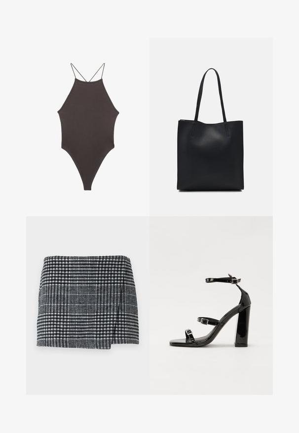 Ruskea, korkeakauluksinen yksiosainen uimapuku, jossa on ohuet, säädettävät hihnat; siinä on korkea lahje ja sileä tekstuuri. Ei kuvioita tai koristeita.; Villakangasta valmistettu mini hame, jossa on mustavalkoinen houndstooth-kuosi, suora leikkaus ja lievästi epäsymmetrinen helma, sekä teksturoitu kangas.; Musta kiiltävä korkokenkä sandaalit neliönmuotoisella varpaalla, nilkkaremmillä ja hopeisilla soljilla. Varustettu tukevalla lohkokorkealla vakauden takaamiseksi.; Mustapahkainen kangaskassi, jossa on sileä pinta, suorakaiteen muotoinen ja kaksi pitkää kahvaa. Ei näkyvää metalliosaa tai koristeita.