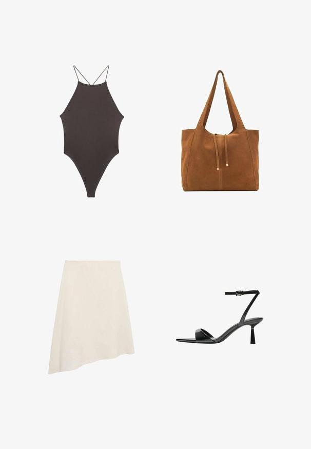 Brown, high-neck one-piece swimsuit with thin, adjustable straps; features a high-cut leg and smooth texture. No patterns or embellishments.; Asymmetrical beige skirt made from smooth fabric, featuring a diagonal seam for design detail and a knee-length cut.; Bershka High heeled sandals - black; Brown suede tote bag with two long straps, drawstring closure, and minimalistic design. Smooth texture and no visible hardware accents.