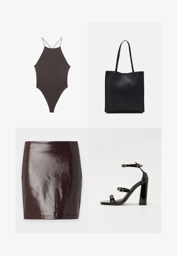 Rjav, enodelni kopalke z visokim ovratnikom in tankimi nastavljivimi naramnicami; ima visok rez na nogah in gladko teksturo. Brez vzorcev ali okrasnih elementov.; Burgundska mini krila iz umetnega usnja z gladko, sijočo teksturo in tesno silhueto. Ima čiste linije in ravno rob.; Črne lakirane sandale s peto, kvadratnim prstom, trakovi okrog gležnja in srebrnimi zaponkami. Opremljene so s stabilno Debelo peto.; Črna usnjena torba s svilnato teksturo, pravokotne oblike in dvema dolgima ročajema. Brez vidnih metalnih delov ali okrasnih elementov.