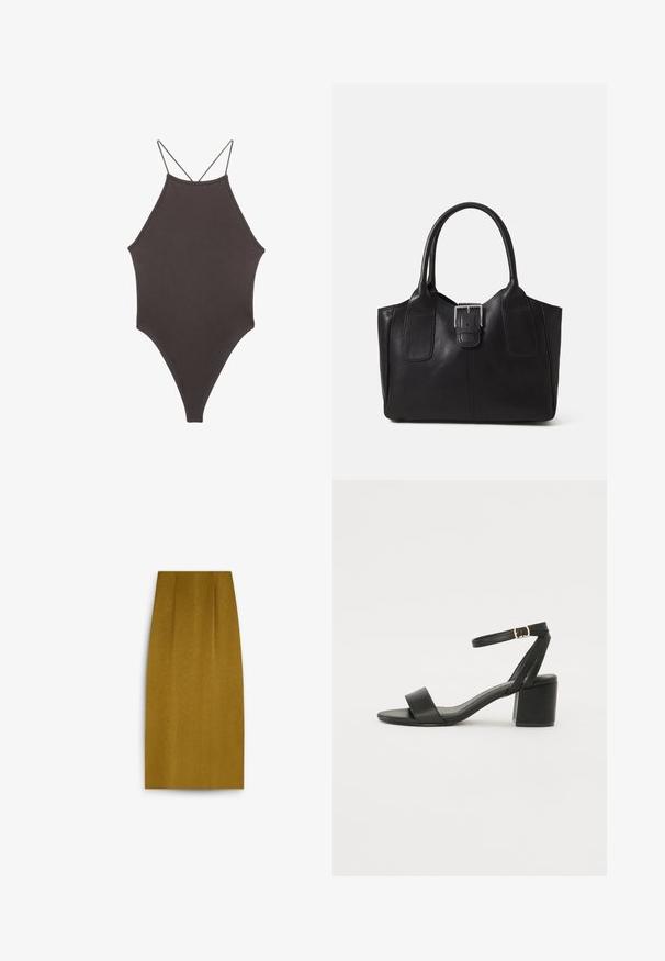 Brązowy jednoczęściowy kostium kąpielowy z wysokim dekoltem i cienkimi, regulowanymi ramiączkami; charakteryzuje się wysokim krojem nogawek i gładką teksturą. Bez wzorów ani ozdób.; Spódnica o długości do kolan w musztardowym kolorze, o gładkiej teksturze, z prostym krojem i subtelnymi fałdami z przodu.; Czarne sandały na obcasie z gładkiej skóry, z odkrytymi palcami, szerokimi przednimi paskami oraz regulowanym paskiem na kostkę z detalem w postaci złotego zapięcia.; Czarna skórzana torba tote o gładkiej fakturze, usztywnionym kształcie, dwóch uchwytach oraz wyraźnym srebrnym zapięciu na przodzie.