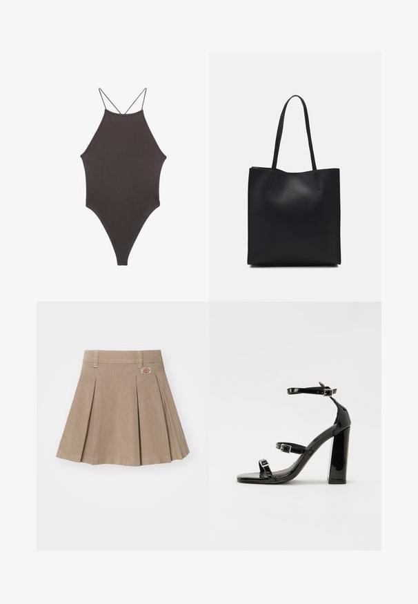 Brown, high-neck one-piece swimsuit with thin, adjustable straps; features a high-cut leg and smooth texture. No patterns or embellishments.; Beige pleated skirt made from a textured fabric. Features a waistband with belt loops and a logo patch on the front left side.; Black patent heeled sandals with a square toe, ankle straps, and silver buckles. Features a chunky block heel for stability.; Black leather tote bag with smooth texture, rectangular shape, and two long handles. No visible hardware or embellishments.