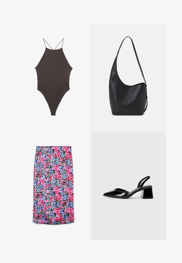Brauner, hochgeschlossener Badeanzug mit dünnen, verstellbaren Trägern; zeichnet sich durch einen hohen Beinschnitt und eine glatte Textur aus. Keine Muster oder Verzierungen.; Blumiger Rock mit schwarzem Hintergrund, der lebhafte pinke, blaue und grüne Blumen zeigt. Der Stoff ist leicht und mit einem gefalteten Design.; Schwarze Lackleder-Slingback-High Heels mit spitzem Schuh und einem geometrischen Blockabsatz. Verfügt über ein schlankes, minimalistisches Design und eine glatte Textur.; Schwarze Leder-Hobo-Tasche mit einer glatten Textur, geschwungener Form und einem einzelnen verstellbaren Tragegurt; verfügt über eine weite Öffnung am oberen Ende.