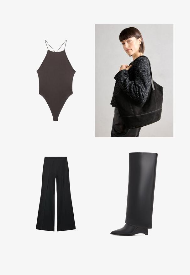 Brązowy jednoczęściowy kostium kąpielowy z wysokim dekoltem i cienkimi, regulowanymi ramiączkami; charakteryzuje się wysokim krojem nogawek i gładką teksturą. Bez wzorów ani ozdób.; Czarne spodnie o szerokich nogawkach z gładką teksturą, z przodu ozdobione zakładkami i skrojonym fasonem. Materiał jest lekki i zwiewny.; Czarne kozaki do kolan wykonane z gładkiej skóry, z wąskim noskiem i trójkątnym obcasem. Zaprojektowane z eleganckim, gładkim cholewką.; Czarna torba tote zamszowa o gładkiej fakturze, strukturalnym kształcie i kontrastowym przeszyciu. Posiada długie rączki do noszenia na ramieniu.